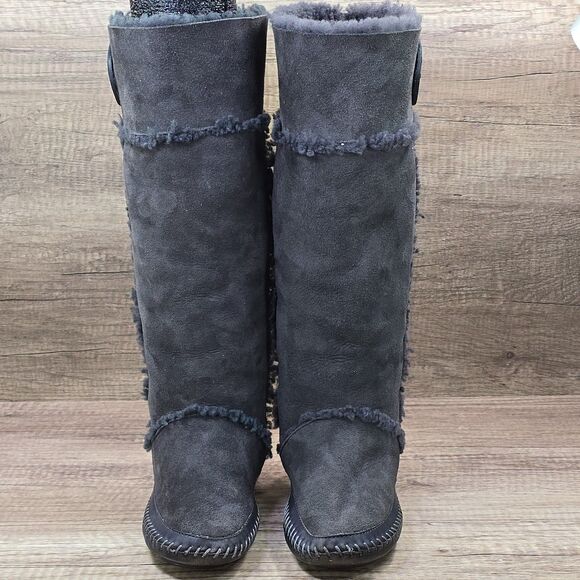 Tory Burch Amelie Women's Size 6.5 Gray Suede Shearling Fur Tall Boots - Picture 2 of 9